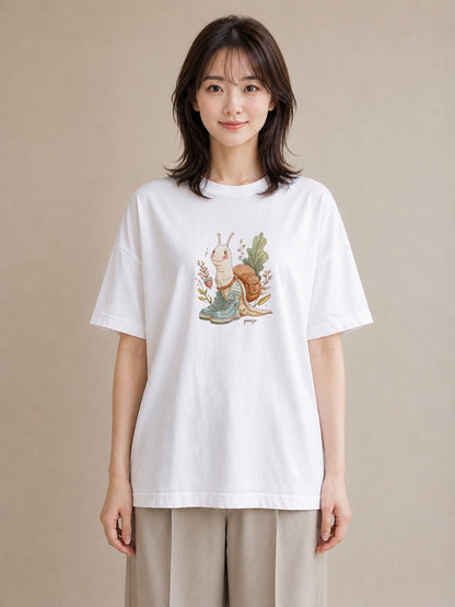 プリントTシャツ レディース かたつむり 昆虫 虫 イラスト ヴィンテージ風 綿100 デート 白T YMAZO