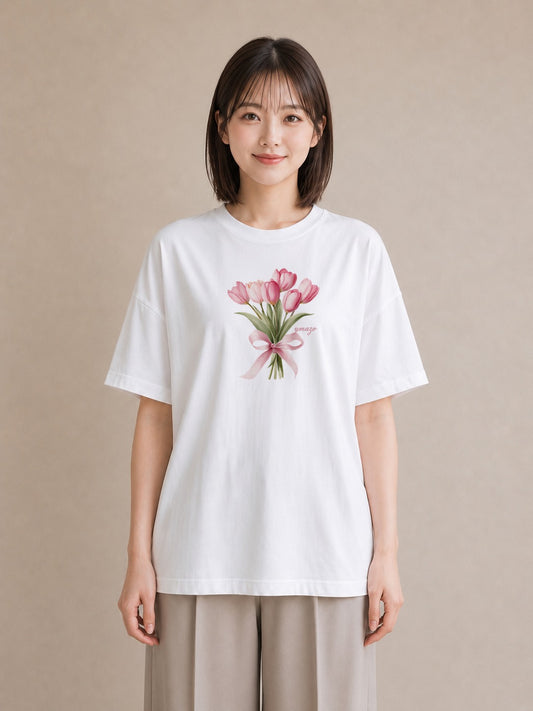 半袖Tシャツ レディース チューリップ 花 花柄 イラスト ニュアンス ママ カフェ服 白T YMAZO