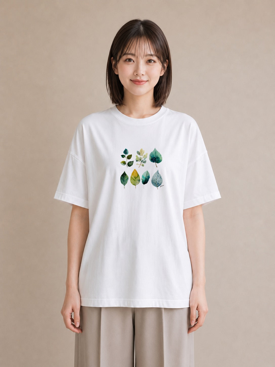 デザインTシャツ レディース 葉っぱ 植物 ボタニカル イラスト 線画 親子 20代 白T YMAZO