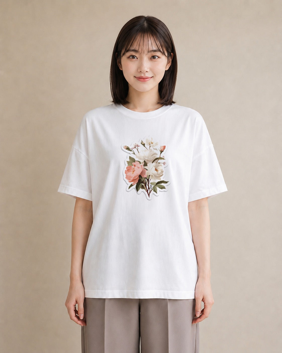 半袖Tシャツ レディース 牡丹 花 花柄 イラスト アート風 ミセス 春コーデ 白T