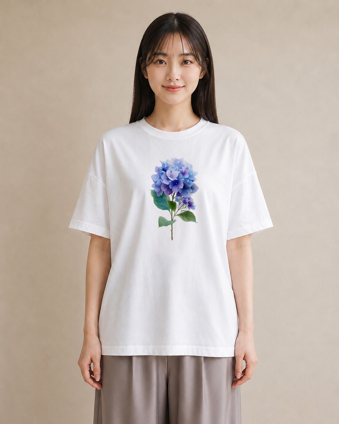 プリントTシャツ レディース あじさい 紫陽花 アジサイ 花 花柄 イラスト 上品 友達ギフト 部屋着 白T YMAZO