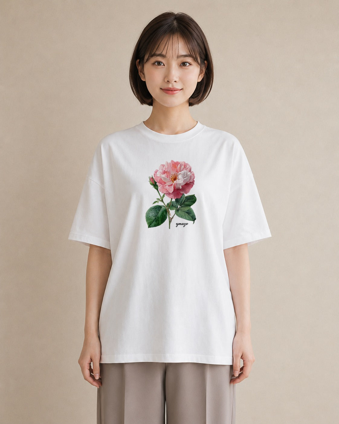 半袖Tシャツ レディース バラ 薔薇 ローズ 花 花柄 イラスト ボタニカル カフェ服 クリスマス 白T YMAZO