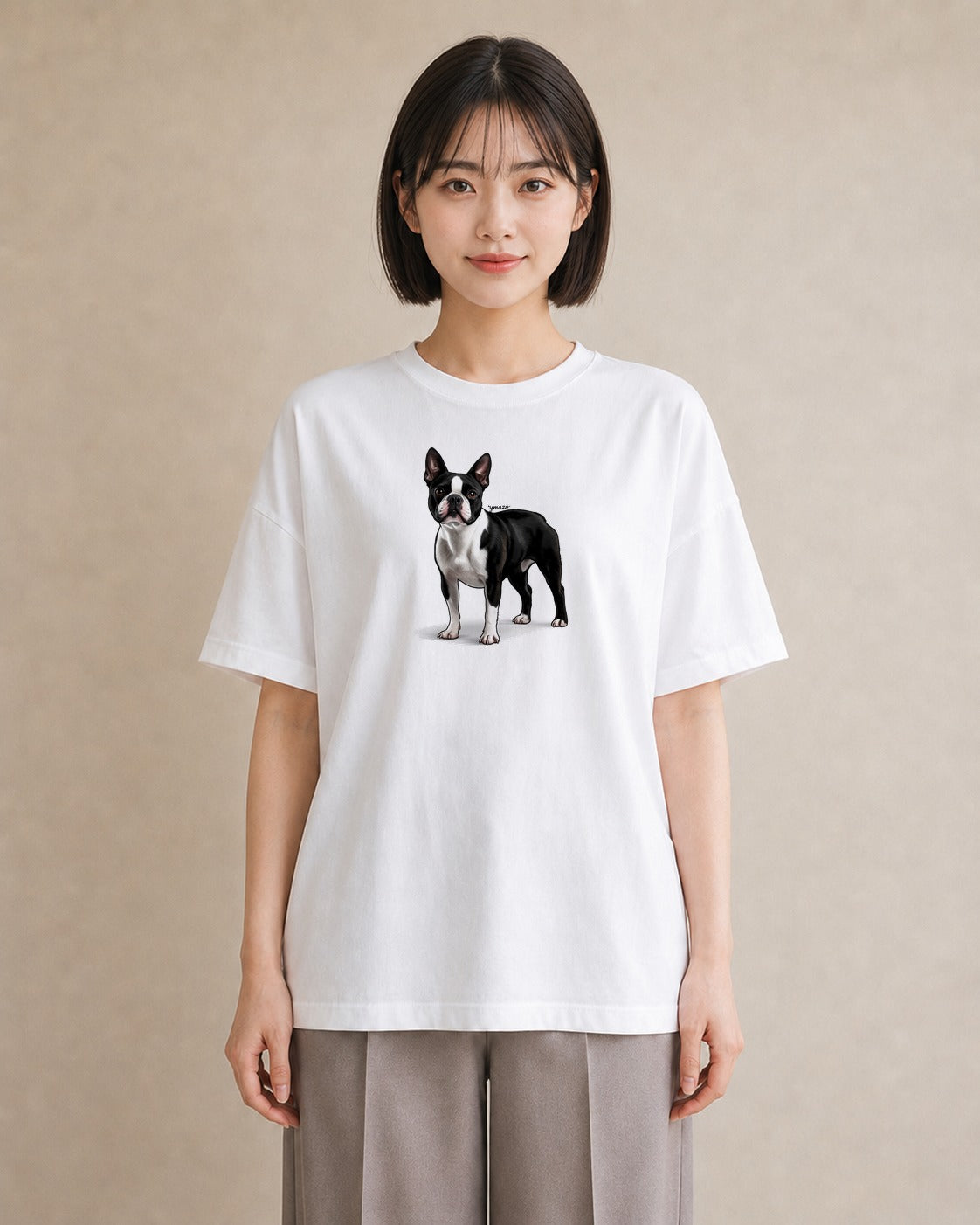 半袖Tシャツ レディース ボストンテリア 犬 いぬ イラスト フェミニン デート 帰省 白T YMAZO