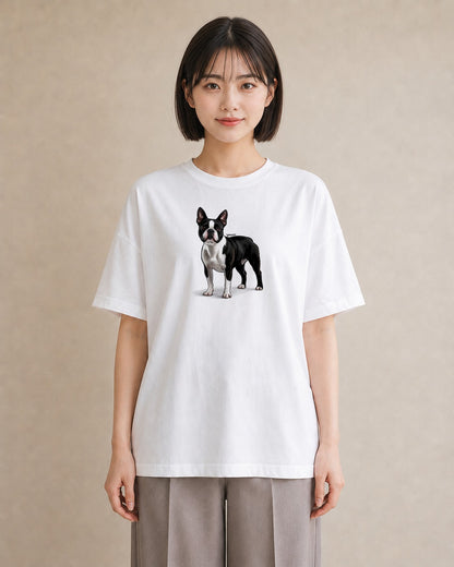 半袖Tシャツ レディース ボストンテリア 犬 いぬ イラスト フェミニン デート 帰省 白T YMAZO