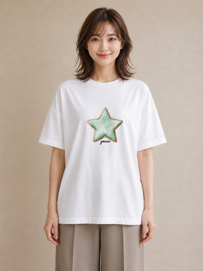 デザインTシャツ レディース 流れ星 星空 宇宙 イラスト 北欧風 社会人 女性 白T YMAZO