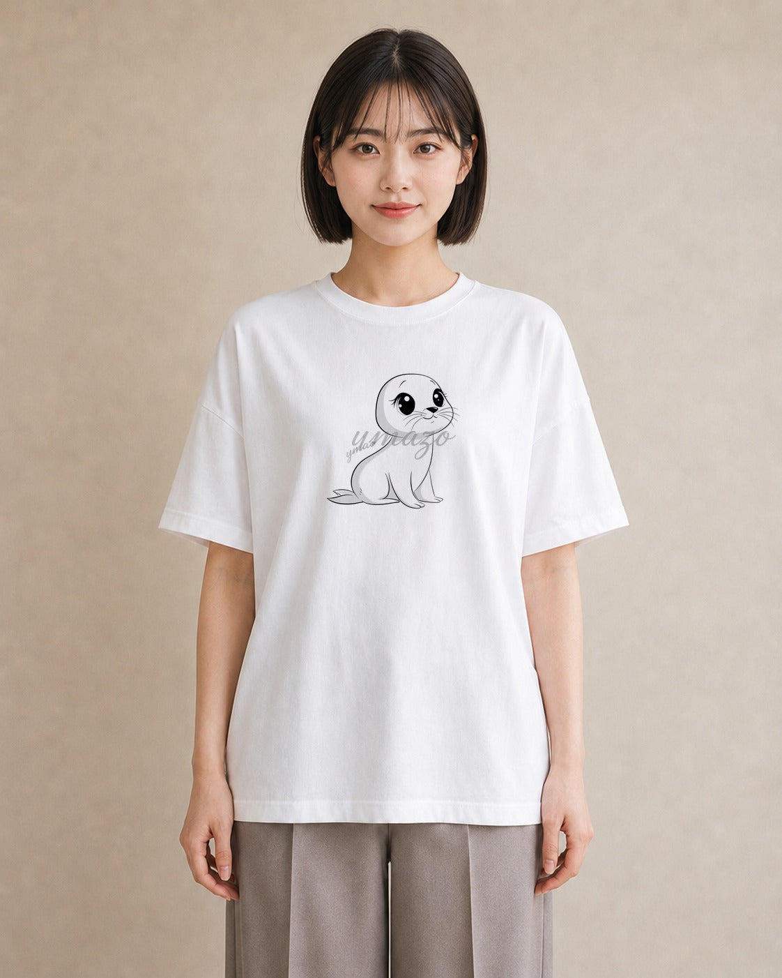 プリントTシャツ レディース ゴマフアザラシ 動物 アニマル イラスト アート風 お揃い 親子 白T YMAZO