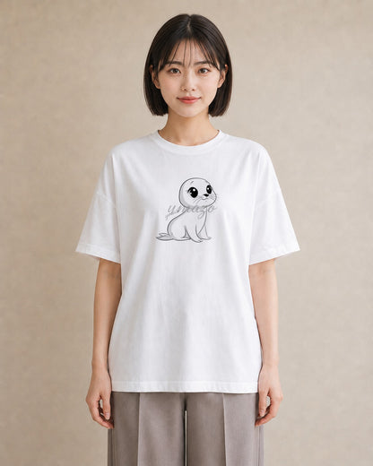 プリントTシャツ レディース ゴマフアザラシ 動物 アニマル イラスト アート風 お揃い 親子 白T YMAZO