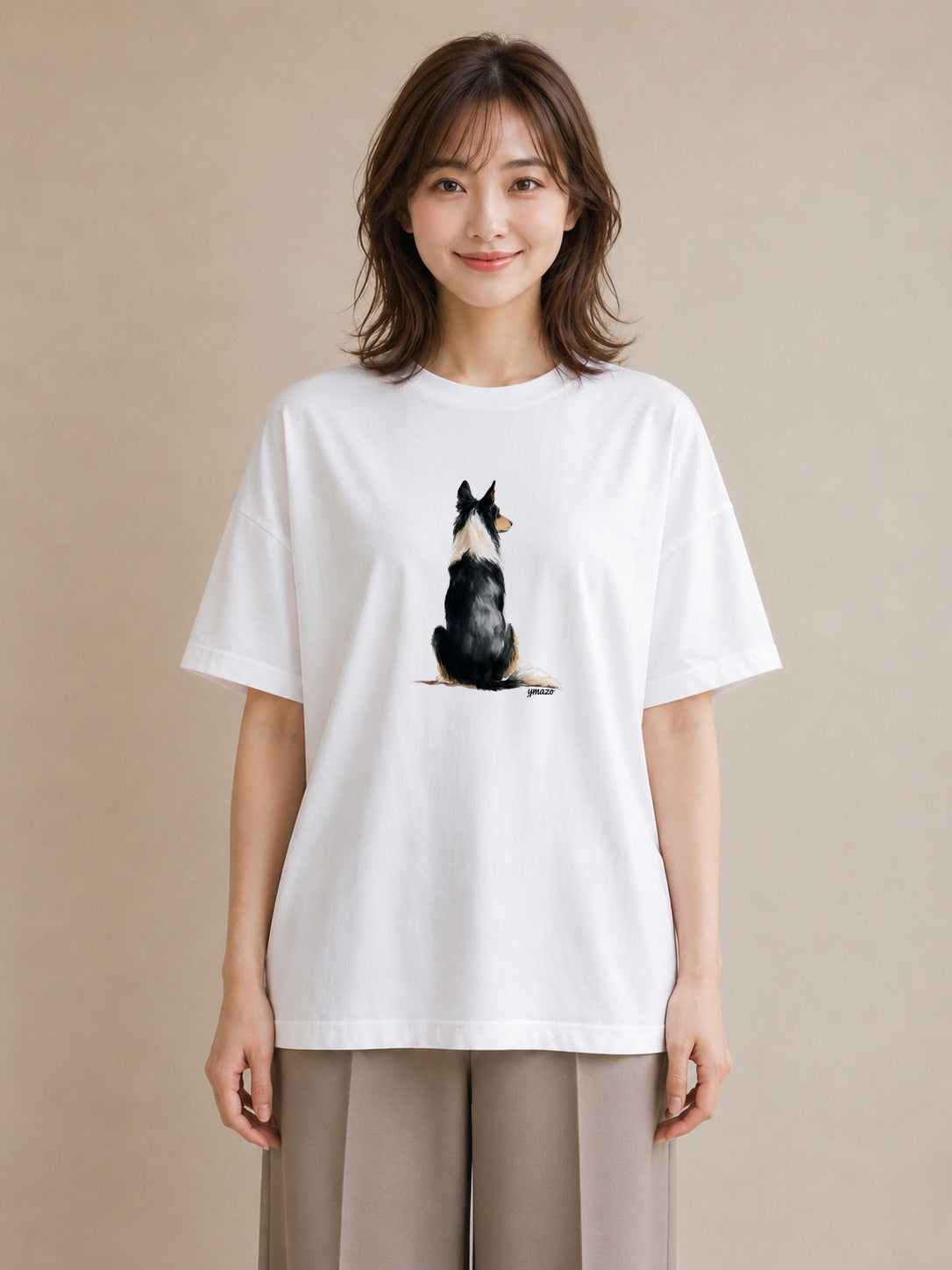 半袖Tシャツ レディース ボーダーコリー 犬 いぬ イラスト シンプル カフェ服 クリスマス 白T YMAZO