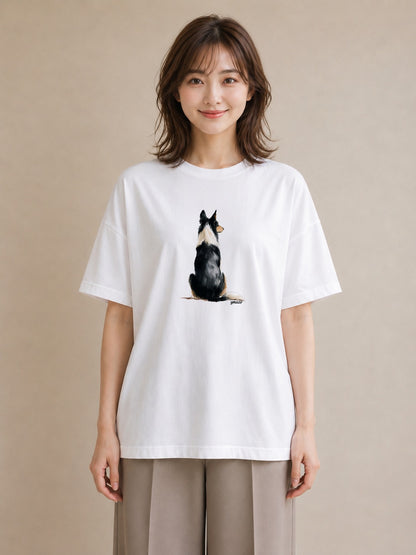 半袖Tシャツ レディース ボーダーコリー 犬 いぬ イラスト シンプル カフェ服 クリスマス 白T YMAZO
