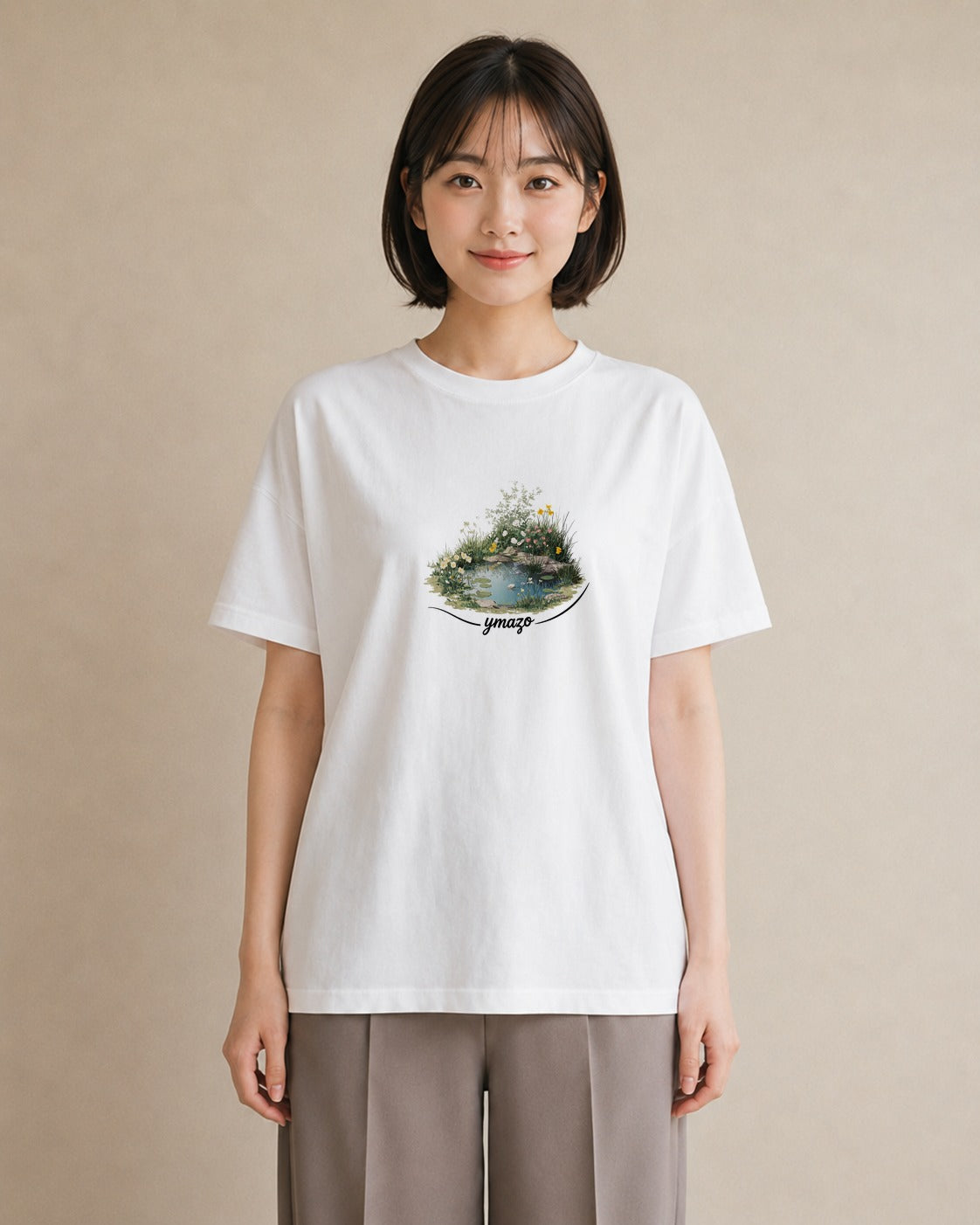 グラフィックTシャツ レディース 桟橋 水辺 波止場 ナチュラル アンティーク イラスト 線画 友達ギフト 部屋着 白T YMAZO