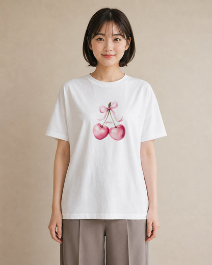 グラフィックTシャツ レディース さくらんぼ チェリー 食べ物 フード イラスト シック クリスマス 旅行 白T YMAZO