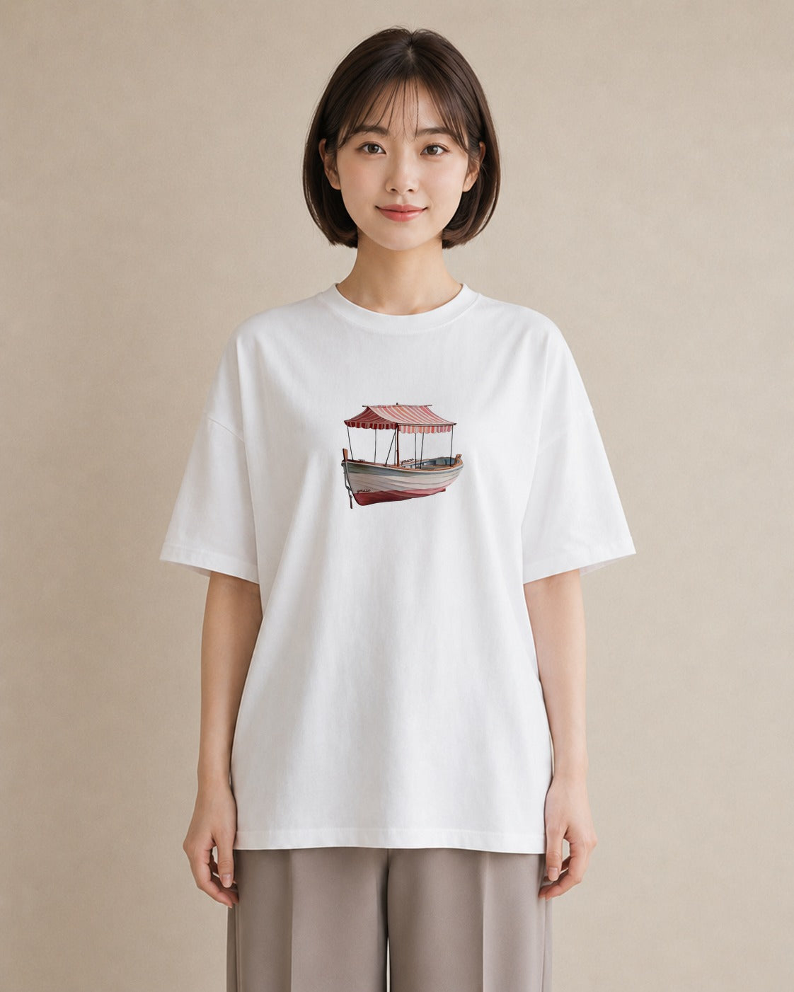 デザインTシャツ レディース 紙の船 水辺 ナチュラル アンティーク イラスト カフェコーデ 親子 20代 白T YMAZO