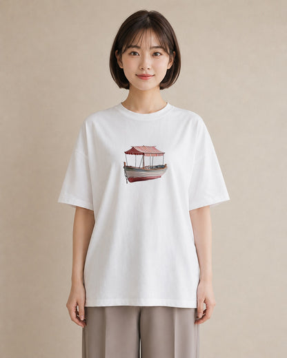 デザインTシャツ レディース 紙の船 水辺 ナチュラル アンティーク イラスト カフェコーデ 親子 20代 白T YMAZO
