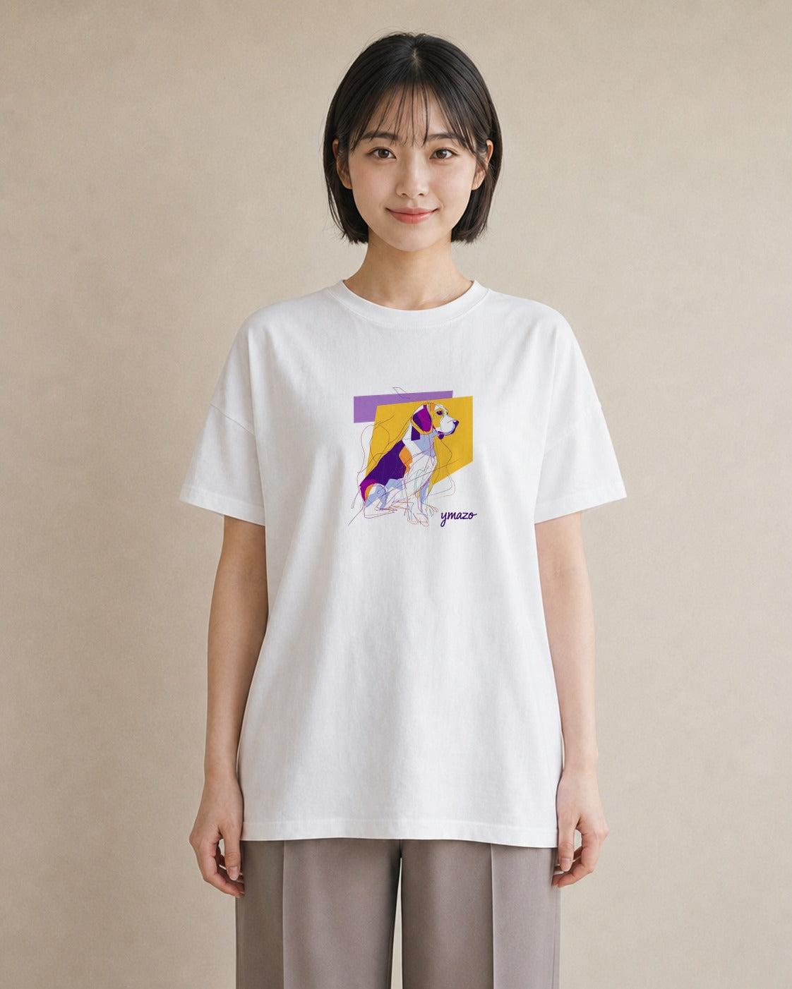 Tシャツ レディース ビーグル 犬 いぬ イラスト ガーリー お出かけ 普段着 白T YMAZO