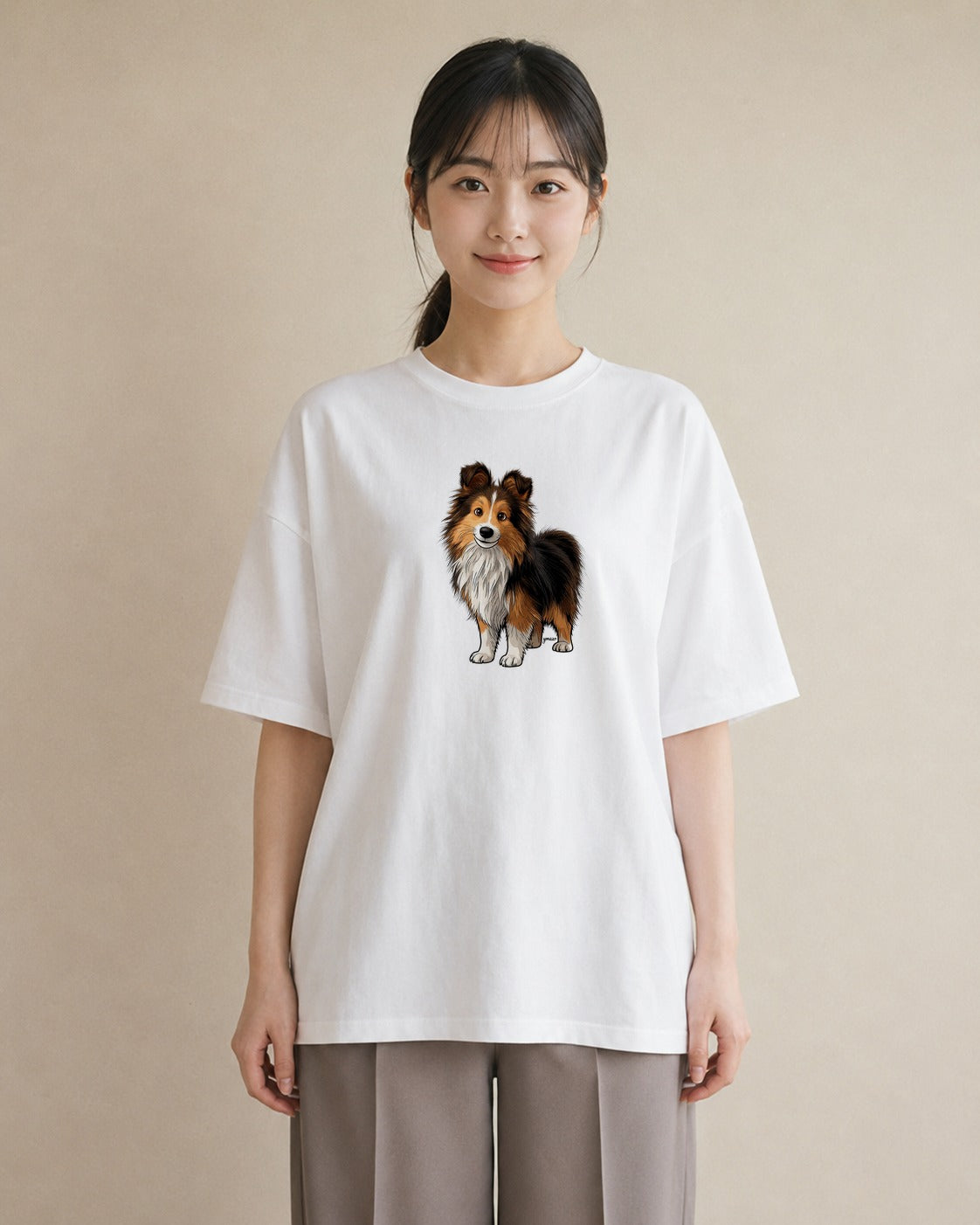 Tシャツ レディース シェットランドシープドッグ 犬 いぬ イラスト 可愛い 公園 ママ 白T YMAZO