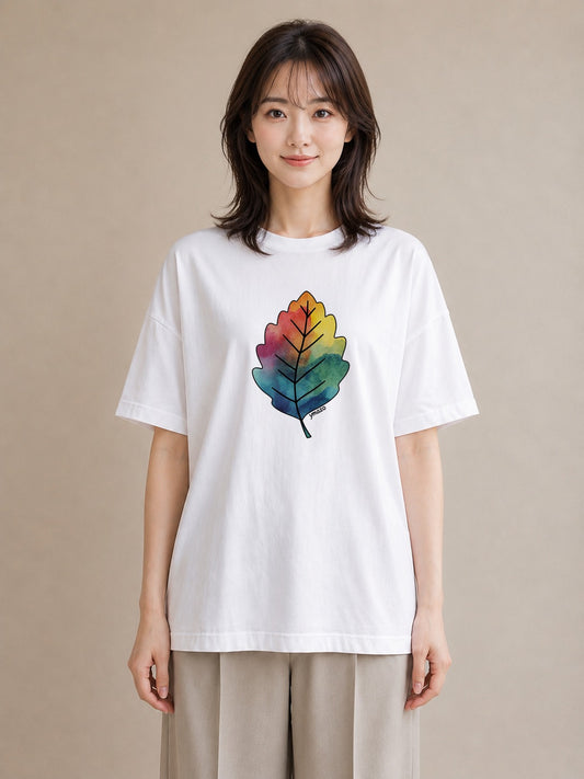 グラフィックTシャツ レディース 落ち葉 植物 ボタニカル イラスト 上品 誕生日プレゼント 綿100 白T YMAZO