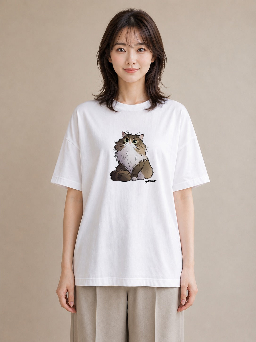 グラフィックTシャツ レディース 猫 ねこ イラスト 休日コーデ ミセス 春コーデ 白T YMAZO