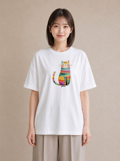 半袖Tシャツ レディース ねこ 猫 ネコ イラスト カフェコーデ 送別ギフト 通勤 白T YMAZO