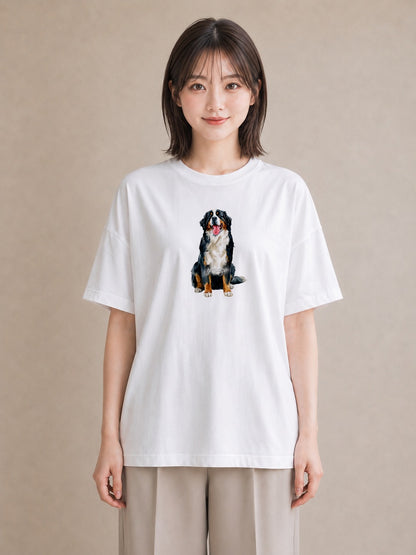デザインTシャツ レディース バーニーズマウンテンドッグ 犬 いぬ イラスト レトロ ラフ レイヤード 白T YMAZO