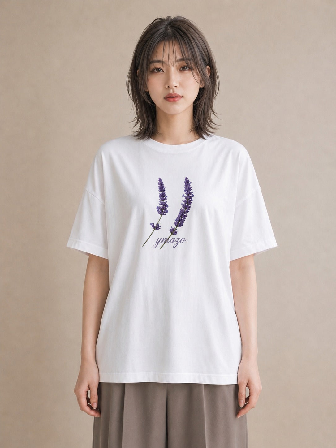 Tシャツ レディース ラベンダー 花 花柄 イラスト 線画 ママ カフェ服 白T