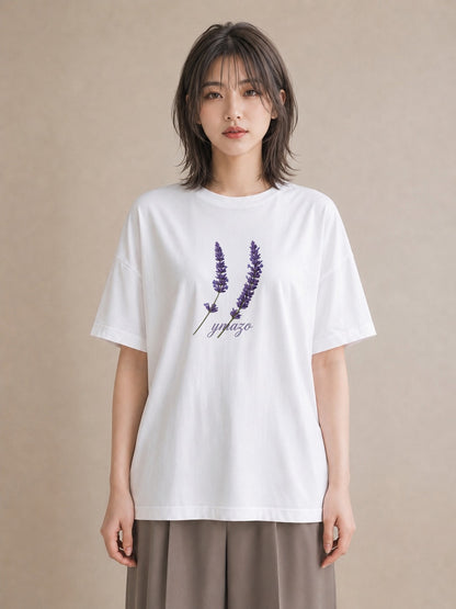 Tシャツ レディース ラベンダー 花 花柄 イラスト 線画 ママ カフェ服 白T