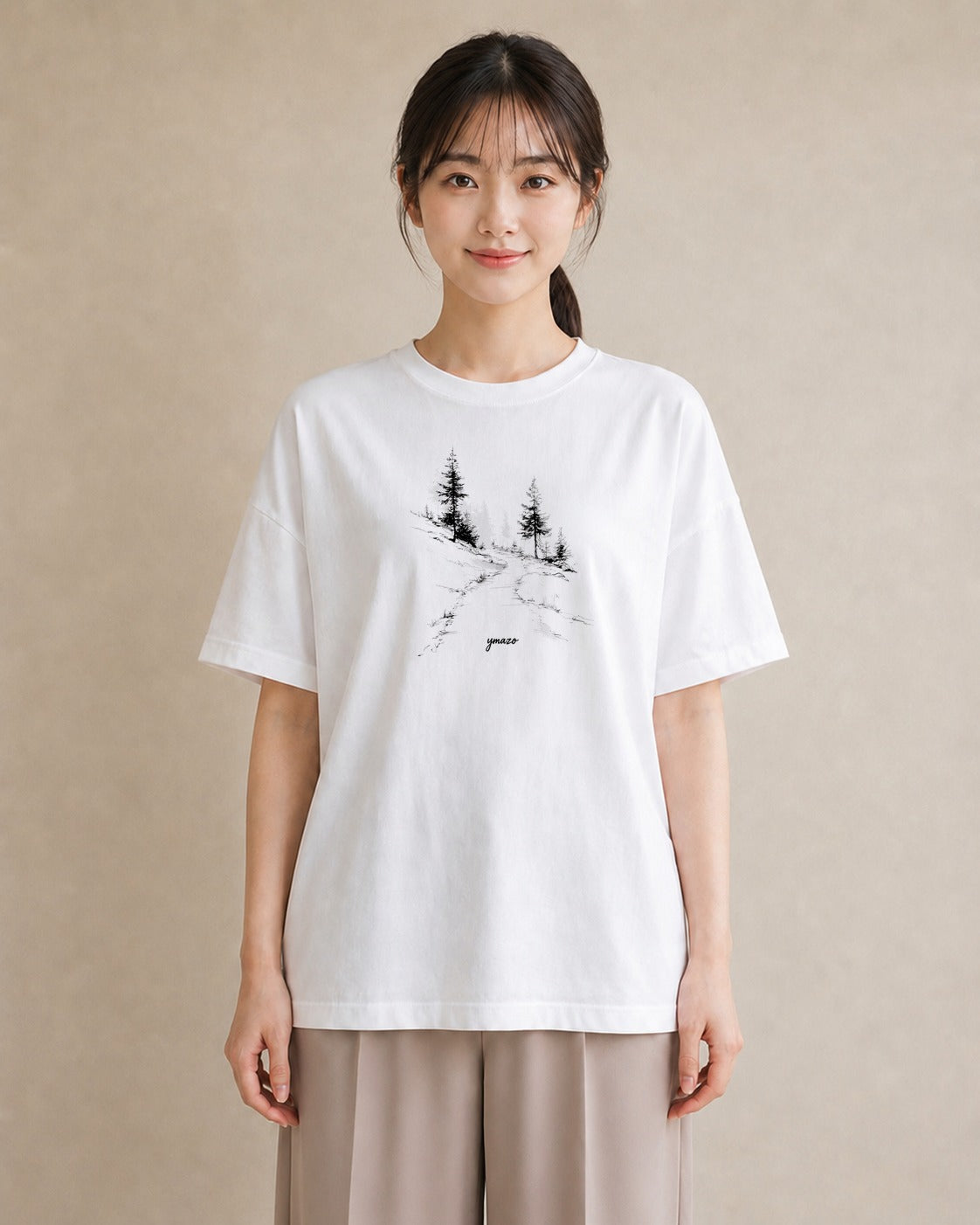 デザインTシャツ レディース 雨上がりの小道 雨上がり 小道 ナチュラル アンティーク イラスト 淡色 通勤 在宅 白T YMAZO
