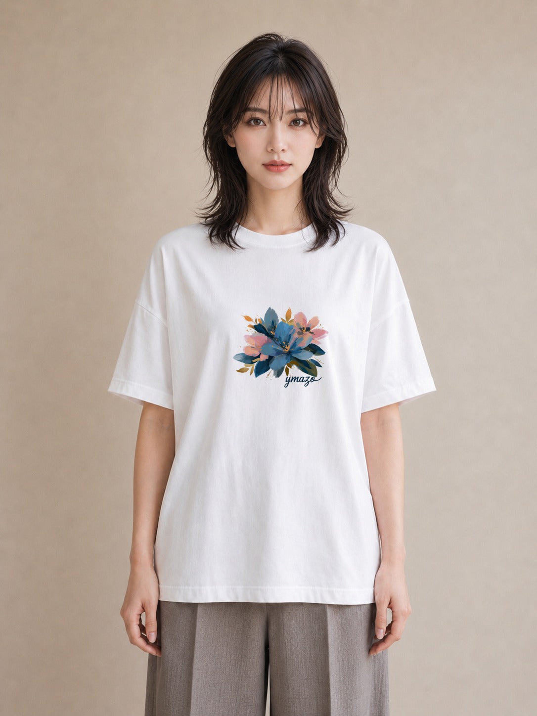 グラフィックTシャツ レディース 花 花柄 イラスト きれいめ 自分用 ルームウェア 白T