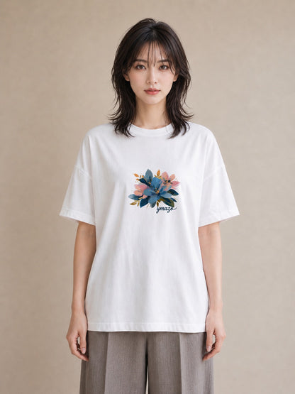 グラフィックTシャツ レディース 花 花柄 イラスト きれいめ 自分用 ルームウェア 白T