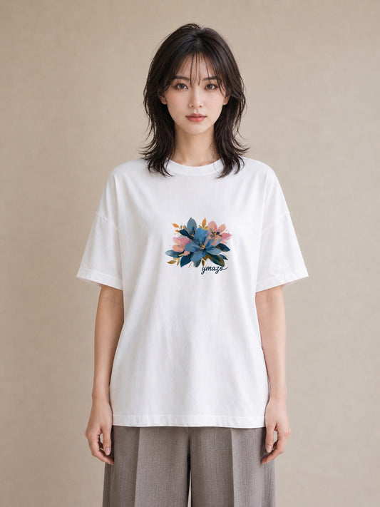 グラフィックTシャツ レディース 花 花柄 イラスト きれいめ 自分用 ルームウェア 白T YMAZO