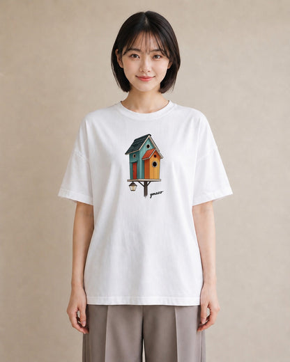 プリントTシャツ レディース 遠い家と鳥 風景 鳥 ナチュラル アンティーク イラスト ポップ デイリーウェア 休日 白T YMAZO