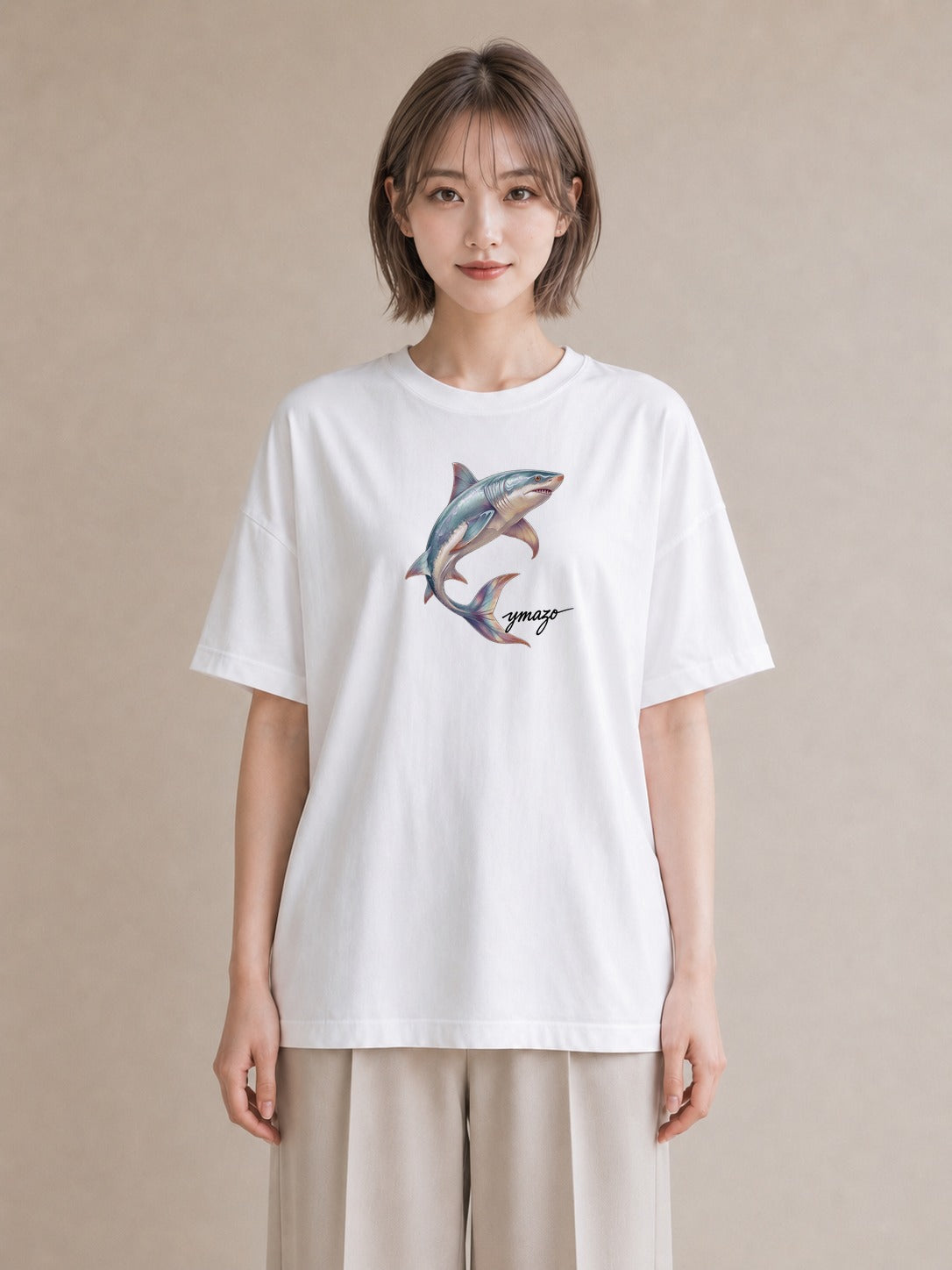 デザインTシャツ レディース サメ 海の生き物 海 イラスト 可愛い ママ カフェ服 白T YMAZO
