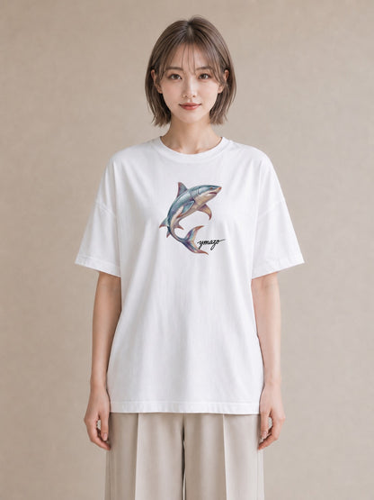 デザインTシャツ レディース サメ 海の生き物 海 イラスト 可愛い ママ カフェ服 白T YMAZO