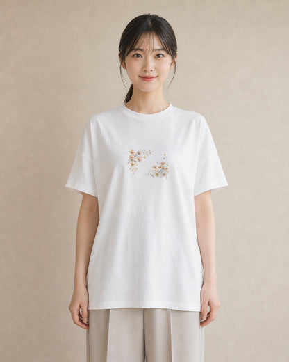 プリントTシャツ レディース コスモス 秋桜 花 花柄 イラスト モード 夏コーデ 通学 白T