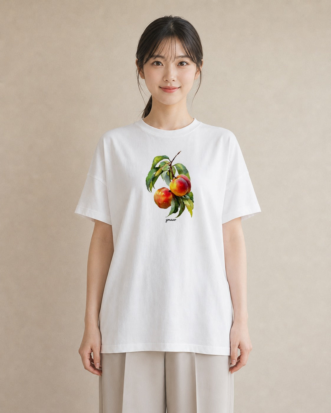 プリントTシャツ レディース もも 食べ物 フード イラスト レイヤード 友達ギフト 白T YMAZO
