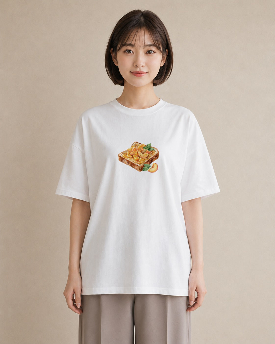 プリントTシャツ レディース もも 食べ物 フード イラスト ヴィンテージ風 お出かけ 普段着 白T YMAZO