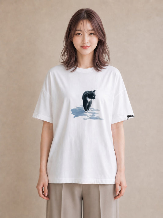 グラフィックTシャツ レディース 靴下猫 猫 ねこ イラスト 抜け感 自分用 ルームウェア 白T YMAZO