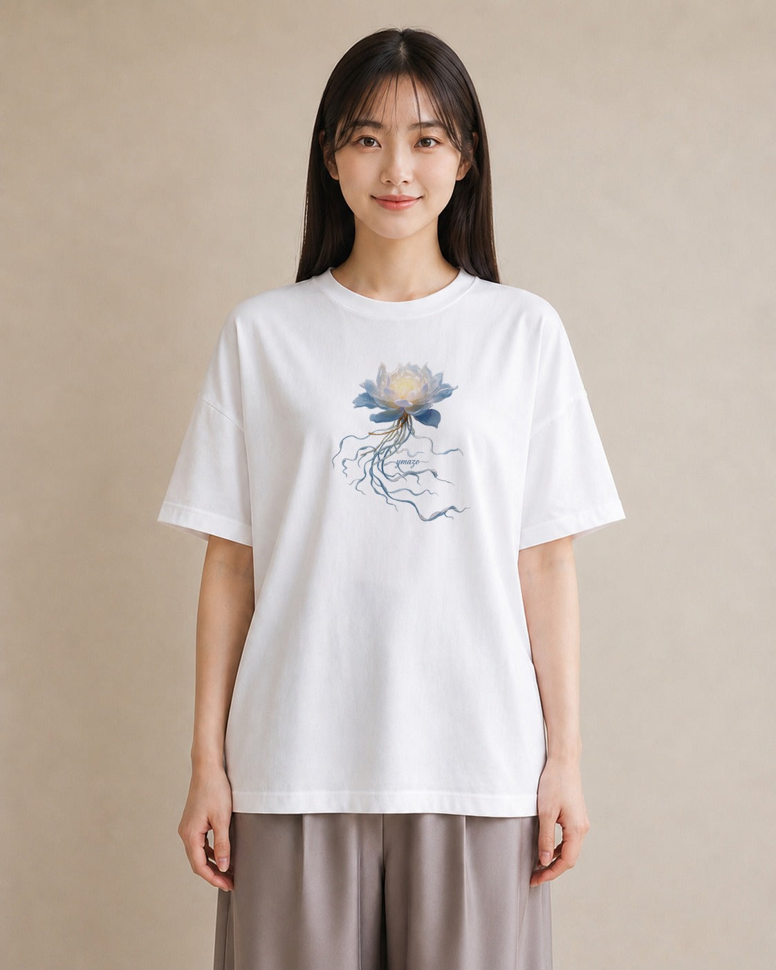 デザインTシャツ レディース 蓮 花 花柄 イラスト ポップ 普段着 週末コーデ 白T