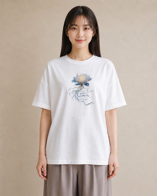 デザインTシャツ レディース 蓮 花 花柄 イラスト ポップ 普段着 週末コーデ 白T YMAZO