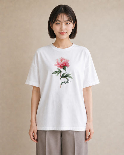 Tシャツ レディース 牡丹 花 花柄 イラスト きれいめカジュアル クリスマス 旅行 白T