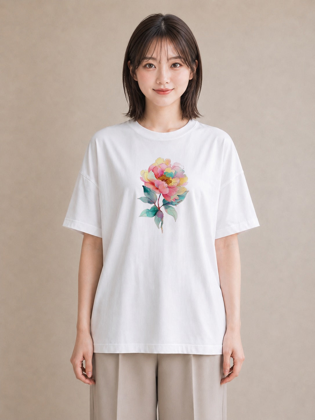 Tシャツ レディース 牡丹 花 花柄 イラスト ゆるコーデ ビーチ デイリーウェア 白T