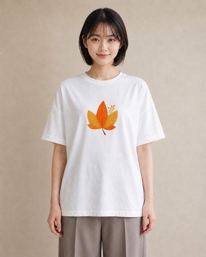 デザインTシャツ レディース 落ち葉 植物 ボタニカル イラスト 旅行コーデ 母娘コーデ 自分用 白T YMAZO