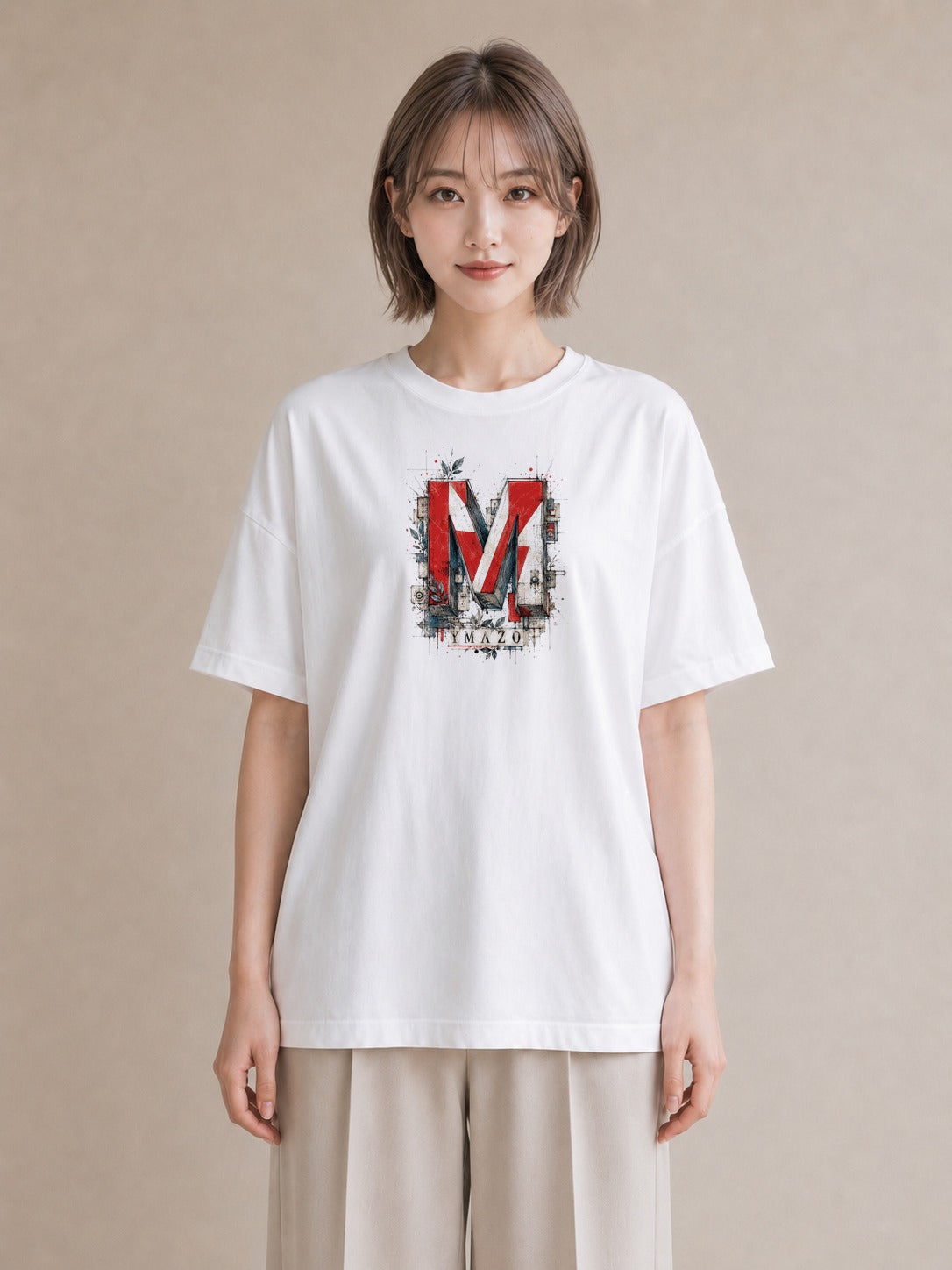 【受注生産】YMAZO Tシャツ レディース 半袖 ビッグシルエット 花柄 フローラル ボタニカル 花 ブーケ 白T 綿100% ホワイト M L ナチュラル 大人可愛い 韓国っぽい デイリー 推し活 ギフト 春夏｜イニシャルY（大きめプリ