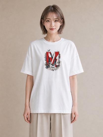 【受注生産】YMAZO Tシャツ レディース 半袖 ビッグシルエット 花柄 フローラル ボタニカル 花 ブーケ 白T 綿100% ホワイト M L ナチュラル 大人可愛い 韓国っぽい デイリー 推し活 ギフト 春夏｜イニシャルY（スタンダー