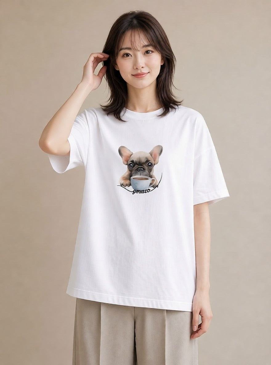 グラフィックTシャツ レディース フレンチブルドッグ フレブル 犬 いぬ イラスト 旅行コーデ ミセス 春コーデ 白T YMAZO