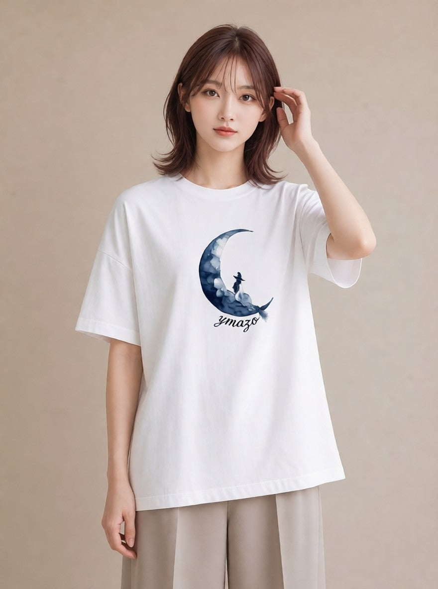 グラフィックTシャツ レディース 月 星空 宇宙 イラスト ユニーク 普段着 週末コーデ 白T YMAZO