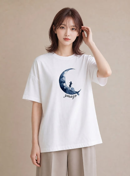 グラフィックTシャツ レディース 月 星空 宇宙 イラスト ユニーク 普段着 週末コーデ 白T YMAZO