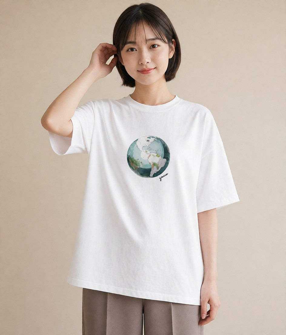Tシャツ レディース 地球 星空 宇宙 イラスト 手描き風 デイリーウェア 休日 白T YMAZO
