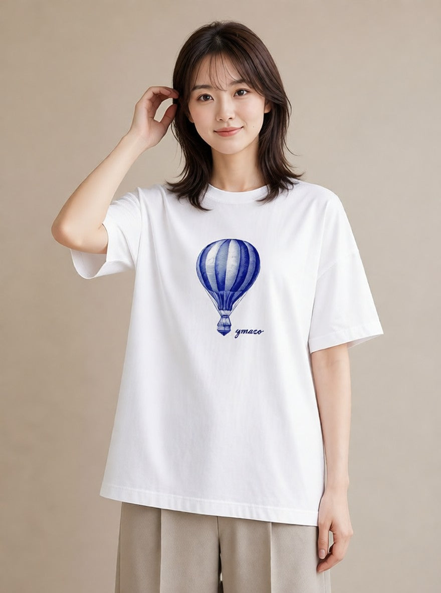 デザインTシャツ レディース 気球 星空 宇宙 イラスト きれいめカジュアル 公園 ママ 白T YMAZO