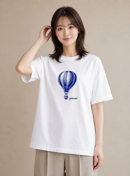 デザインTシャツ レディース 気球 星空 宇宙 イラスト きれいめカジュアル 公園 ママ 白T YMAZO