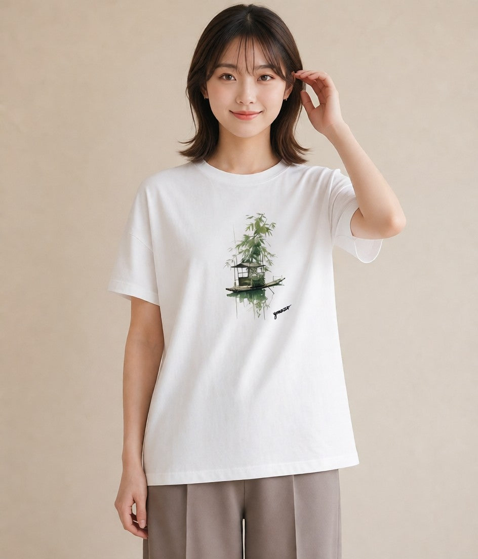 グラフィックTシャツ レディース 桟橋 水辺 波止場 ナチュラル アンティーク イラスト ゆるコーデ カフェ服 クリスマス 白T YMAZO